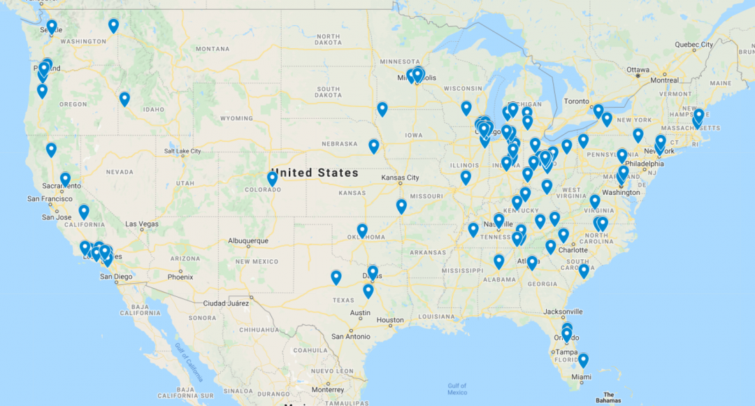 Map with approximately 120 location markers across the U.S.